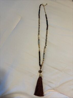 belk Brown Beaded Necklace with Tassel and Gold Accents